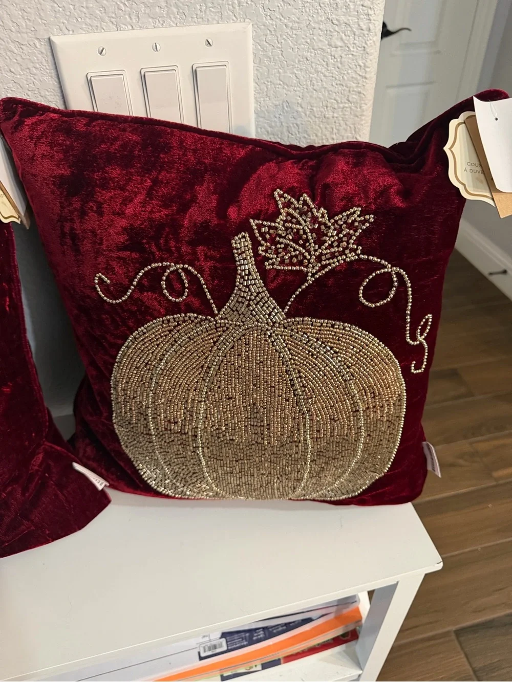 Luxurious Red Velvet Holiday Pumpkin Accent Pillow with Gold Beading